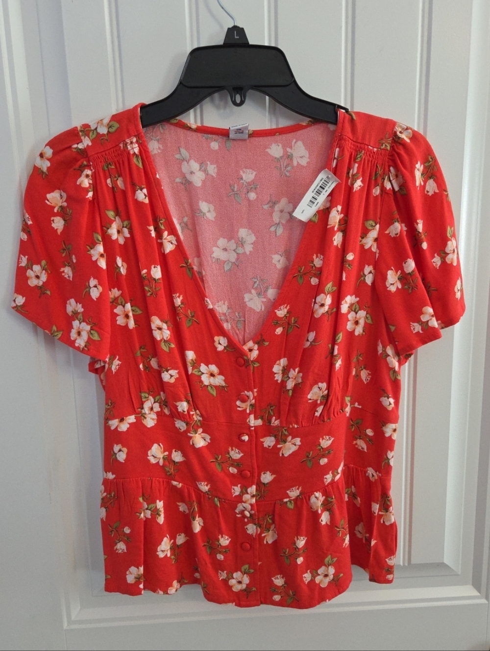 NWT Old Navy Womens S Orange Floral V-Neck Blouse Button Up Cropped Short Sleeve